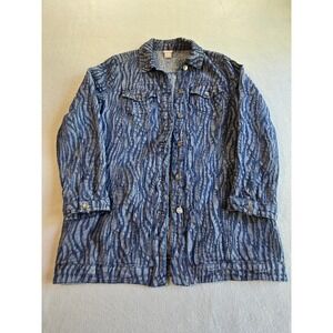Chico's Denim Jacket Women Size 1 Blue Gray Textured Zebra Print Longline Coat
